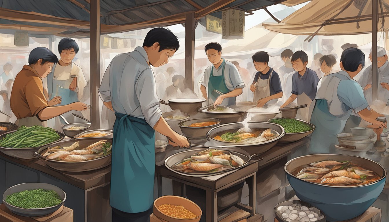 A bustling market stall serves up steaming fish head steamboat, surrounded by curious onlookers and the aroma of sizzling broth