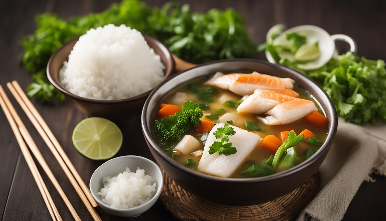 A steaming bowl of fish soup surrounded by fresh vegetables and herbs, with a side of steamed rice and a pair of chopsticks resting on the table