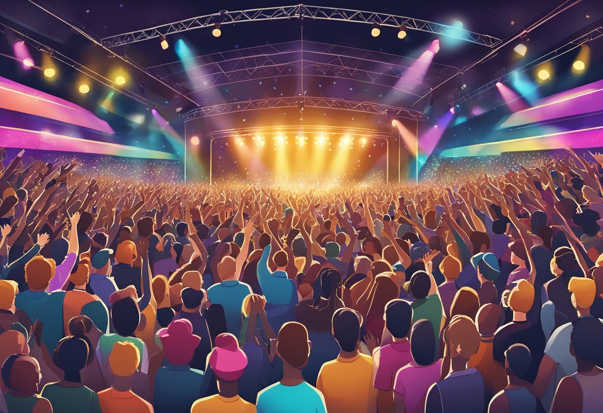 A crowded concert venue with colorful stage lights and enthusiastic fans cheering for the performer