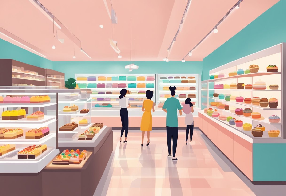 Customers browsing colorful cakes in a modern Singapore cake shop. Shelves lined with intricate pastries and desserts. Bright lighting and clean, minimalist decor