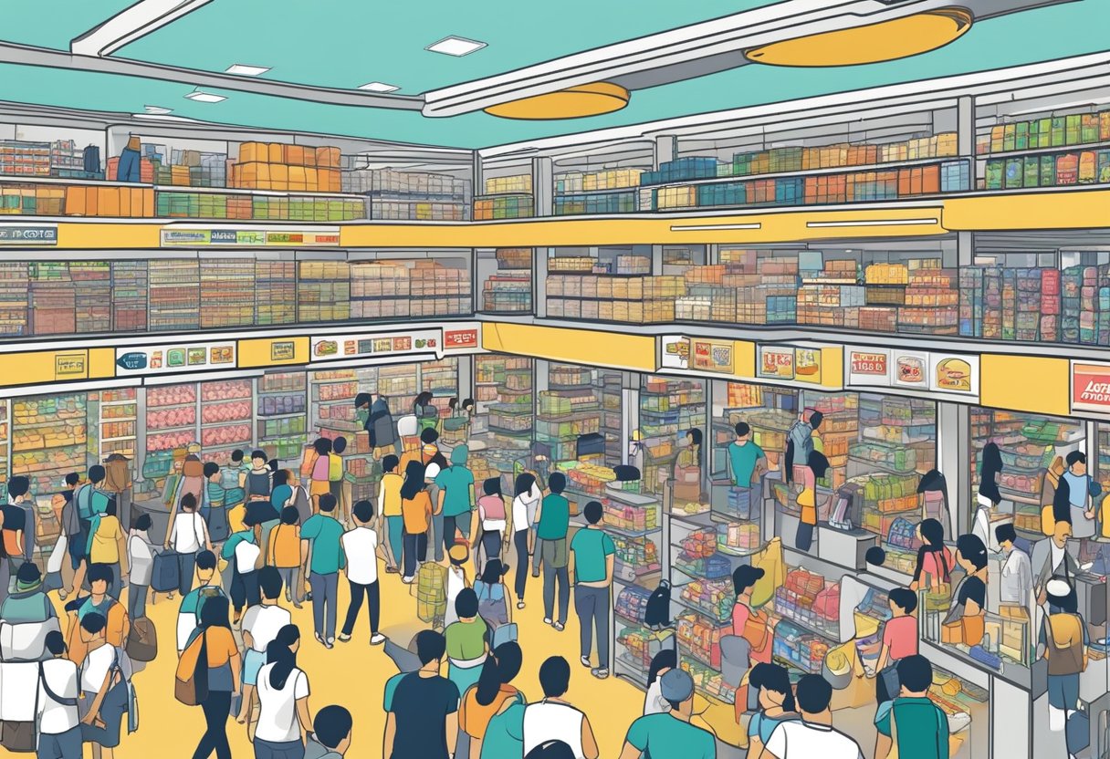 A bustling mega discount store in Singapore, filled with aisles of products and busy shoppers