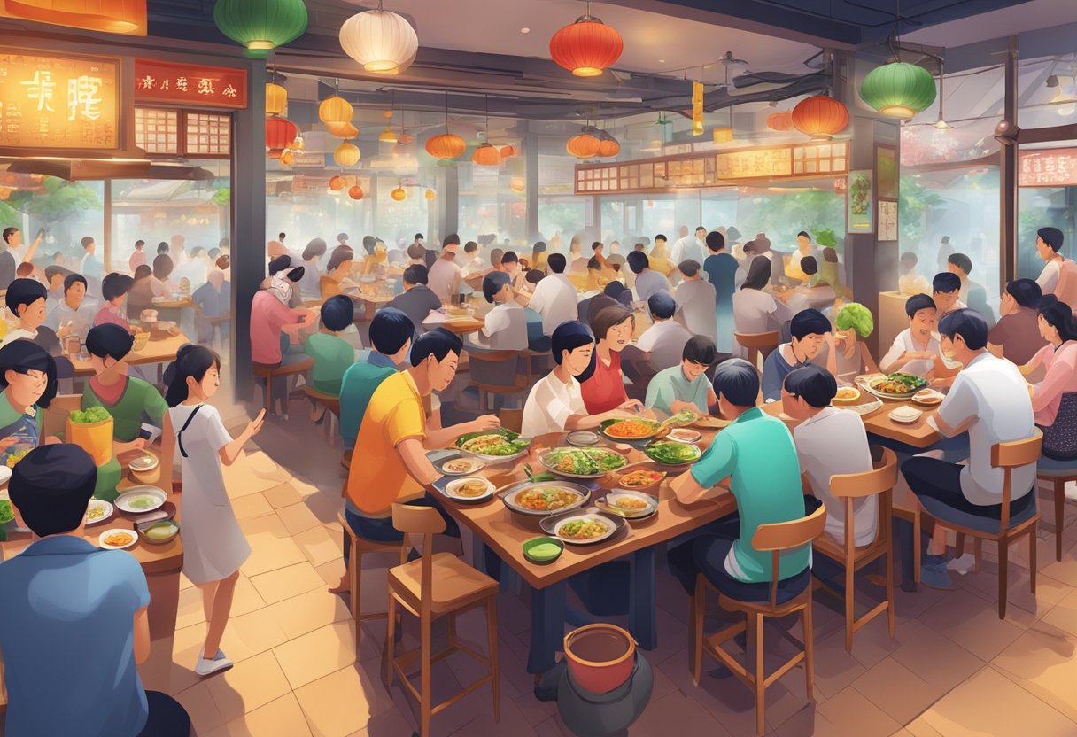 A bustling Haidilao restaurant in Singapore, with steaming hot pots, colorful ingredients, and lively customers enjoying the interactive dining experience