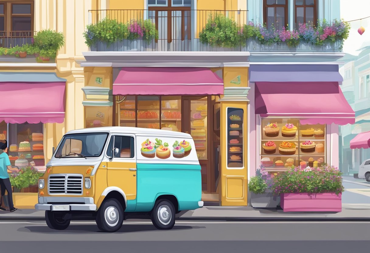 A delivery van pulls up to a colorful bakery, unloading a variety of beautifully decorated cakes for customers in Singapore