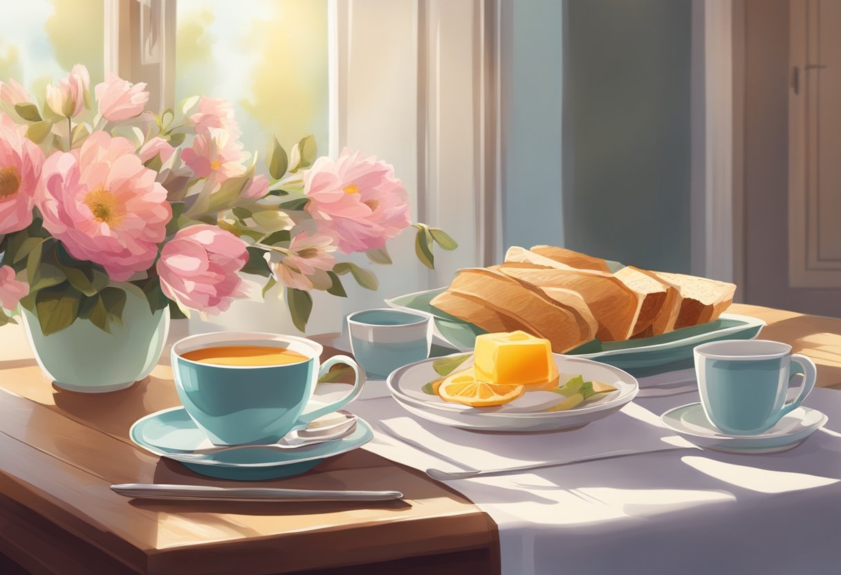 A table set with a bouquet of flowers, a handwritten card, and a breakfast tray with a steaming cup of tea, all bathed in warm morning light