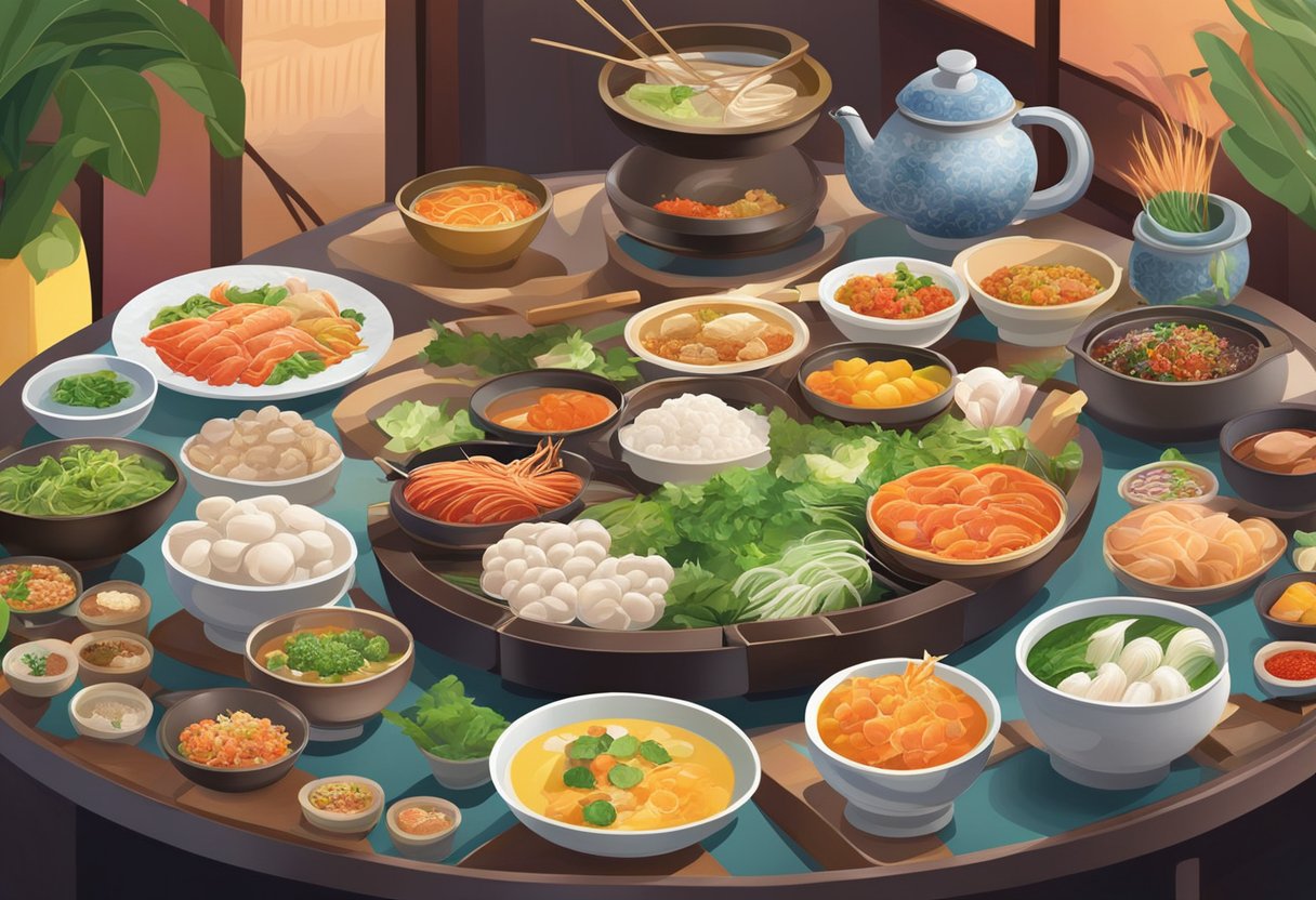 A table set with hot pot ingredients at Haidilao Singapore, surrounded by colorful decor and lively atmosphere