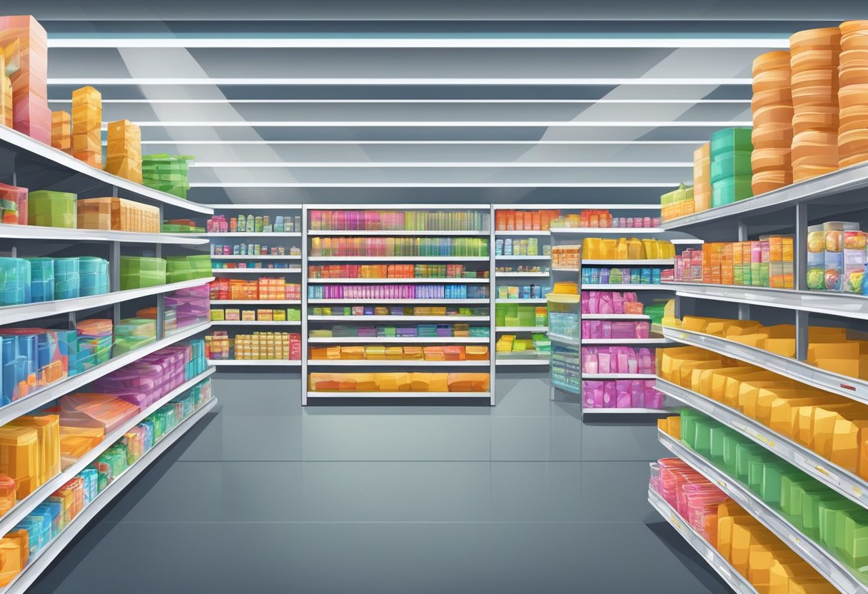 Shelves stocked with various products at Mega Discount Store, with bright signage and crowded aisles