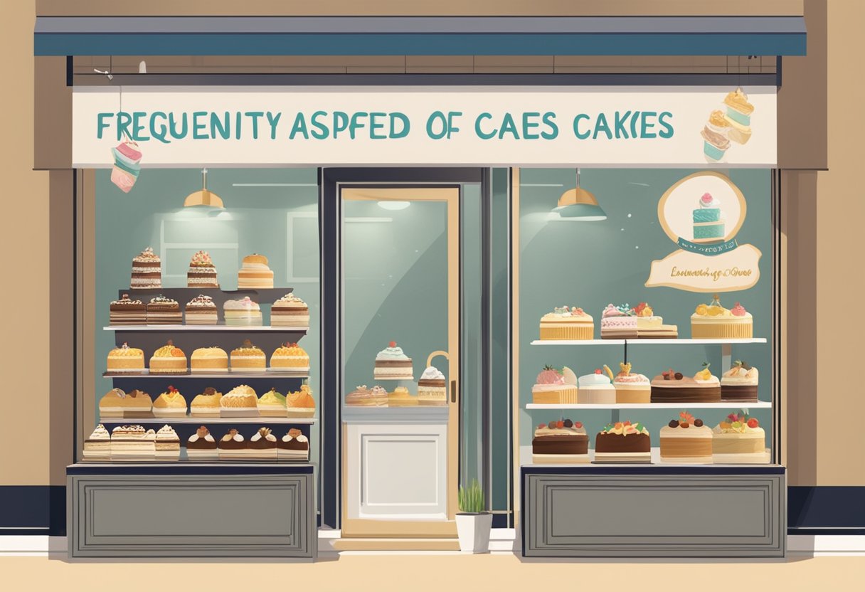 A display of assorted cakes with a sign reading "Frequently Asked Questions cakes singapore" in a bakery window