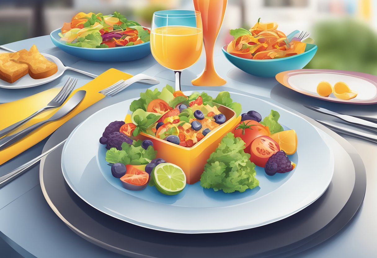 A colorful menu with vibrant illustrations and enticing special promotions displayed on a clean, modern table setting