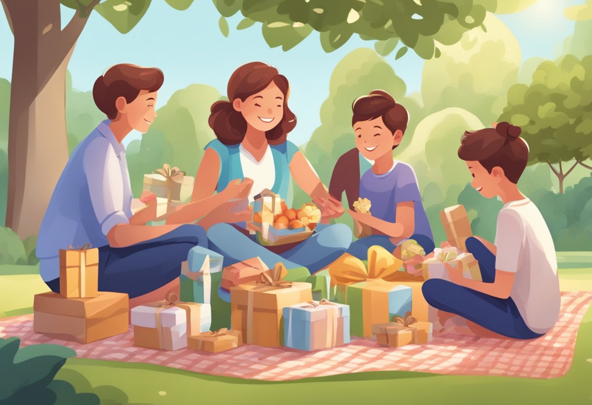 Families gather in a park, exchanging gifts and enjoying a picnic. Children present handmade cards to their mothers, who are smiling and surrounded by love