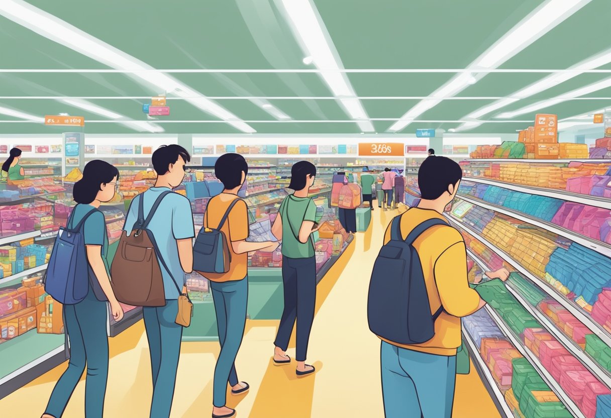 Customers browsing aisles, grabbing items off shelves, and checking out at busy cash registers in a brightly lit mega discount store in Singapore
