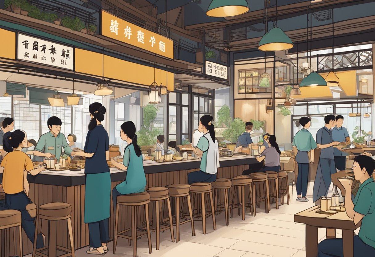 A busy restaurant with people dining, waitstaff serving hot pot, and a prominent sign reading "Frequently Asked Questions Haidilao Singapore."