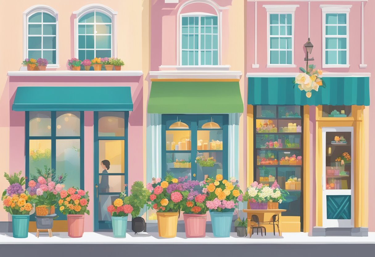 City skyline with buildings displaying "Mother's Day Specials" banners. Flower arrangements and gift displays in storefront windows. Outdoor cafes with families enjoying special Mother's Day menus