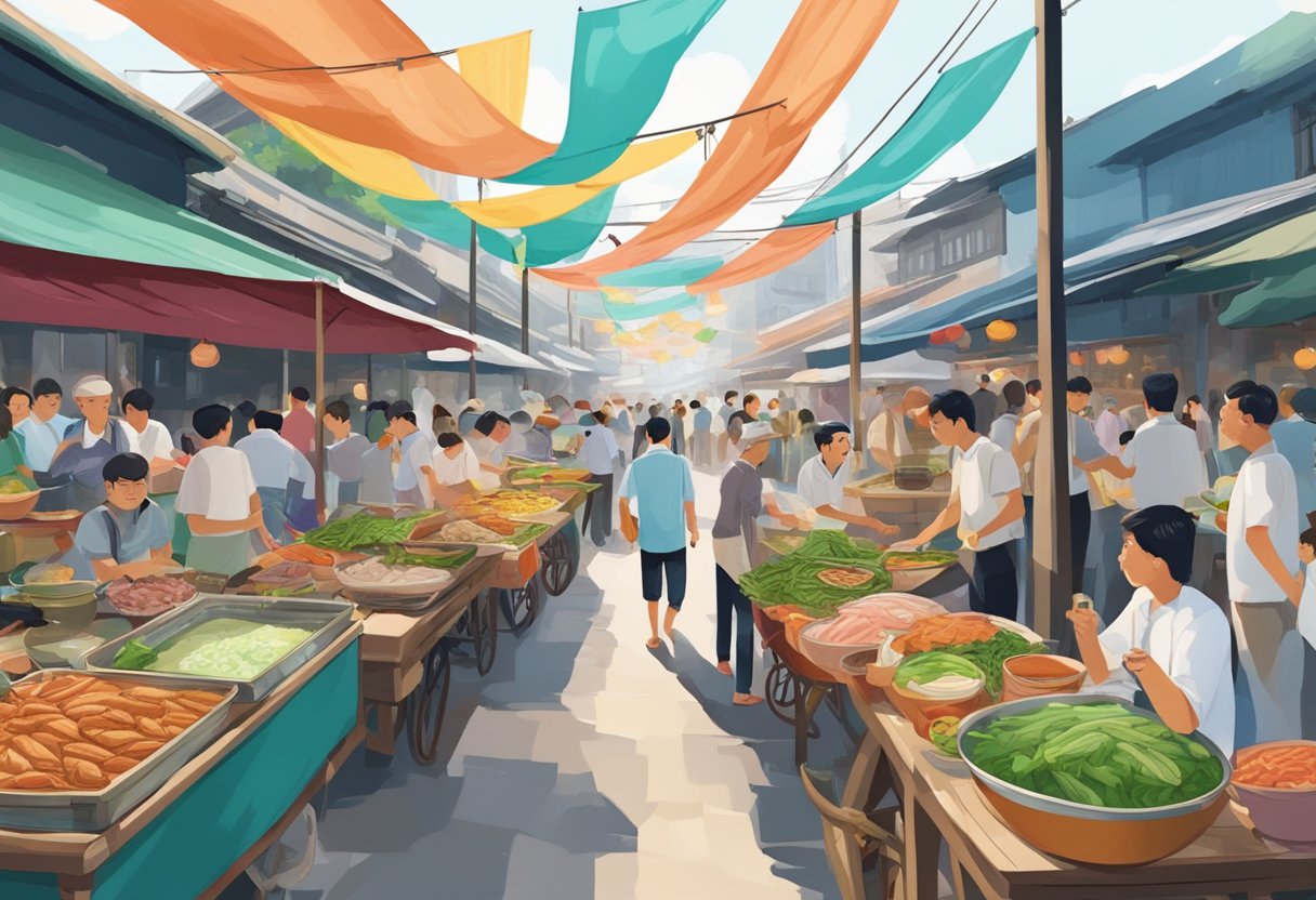 A bustling Singaporean street market with a large steamboat filled with fish heads and aromatic broth, surrounded by eager diners and colorful banners