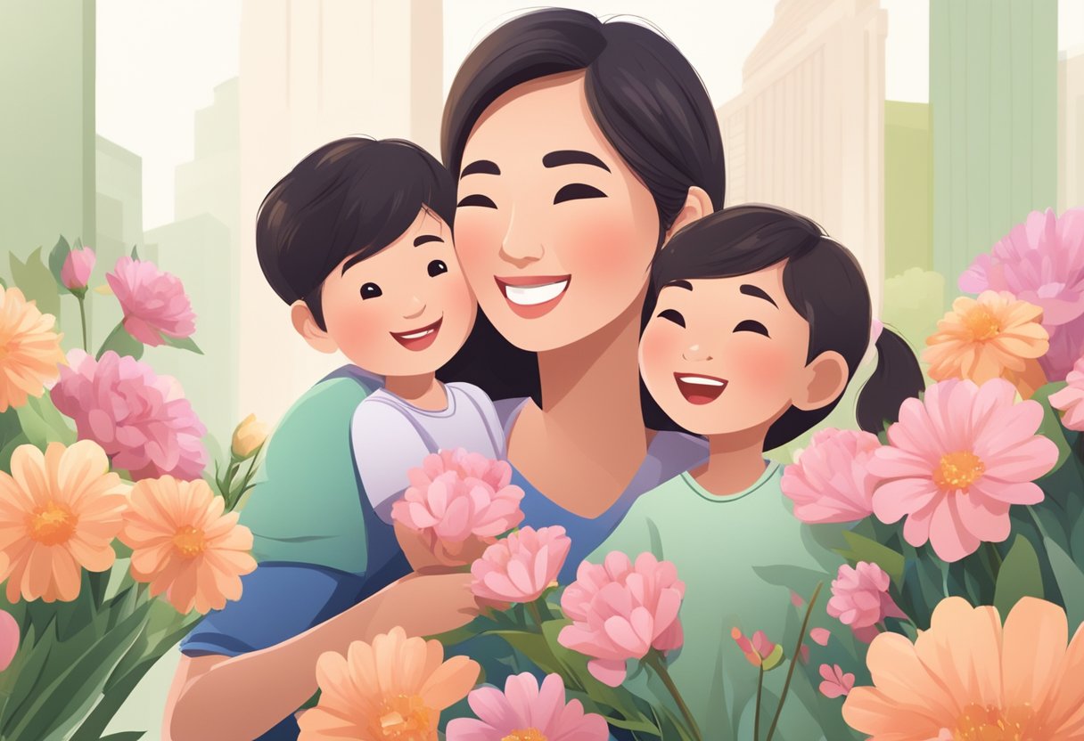 A mother receiving a bouquet of flowers from her children, surrounded by love and laughter on Mother's Day in Singapore