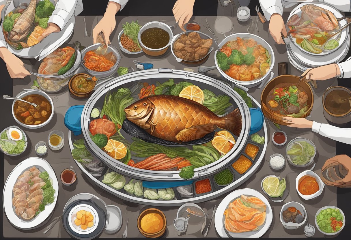 A table set with a steaming fish head steamboat surrounded by eager diners, with condiments and utensils neatly arranged