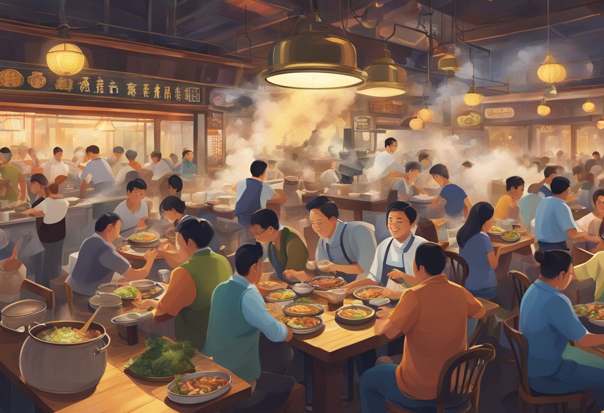 A bustling restaurant with steam rising from large pots of bubbling fish head steamboat, surrounded by eager diners and a lively atmosphere