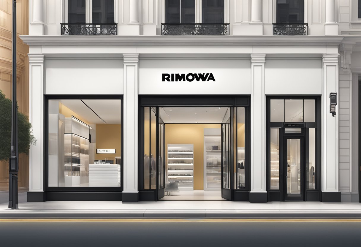 A sleek, modern storefront with the Rimowa logo prominently displayed. Clean lines and metallic accents give the store a luxurious feel