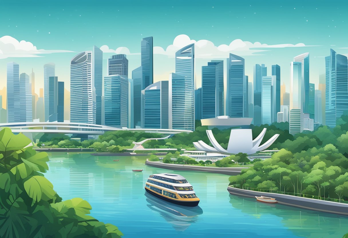 The iconic skyline of Singapore, with its futuristic architecture and bustling city streets, is set against a backdrop of lush greenery and sparkling waters