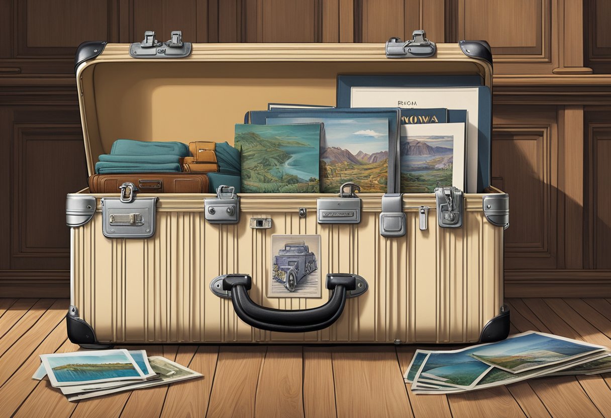 A vintage Rimowa suitcase sits open on a wooden floor, surrounded by travel memorabilia and old photographs. The iconic grooved design of the suitcase is highlighted, showcasing the brand's legacy