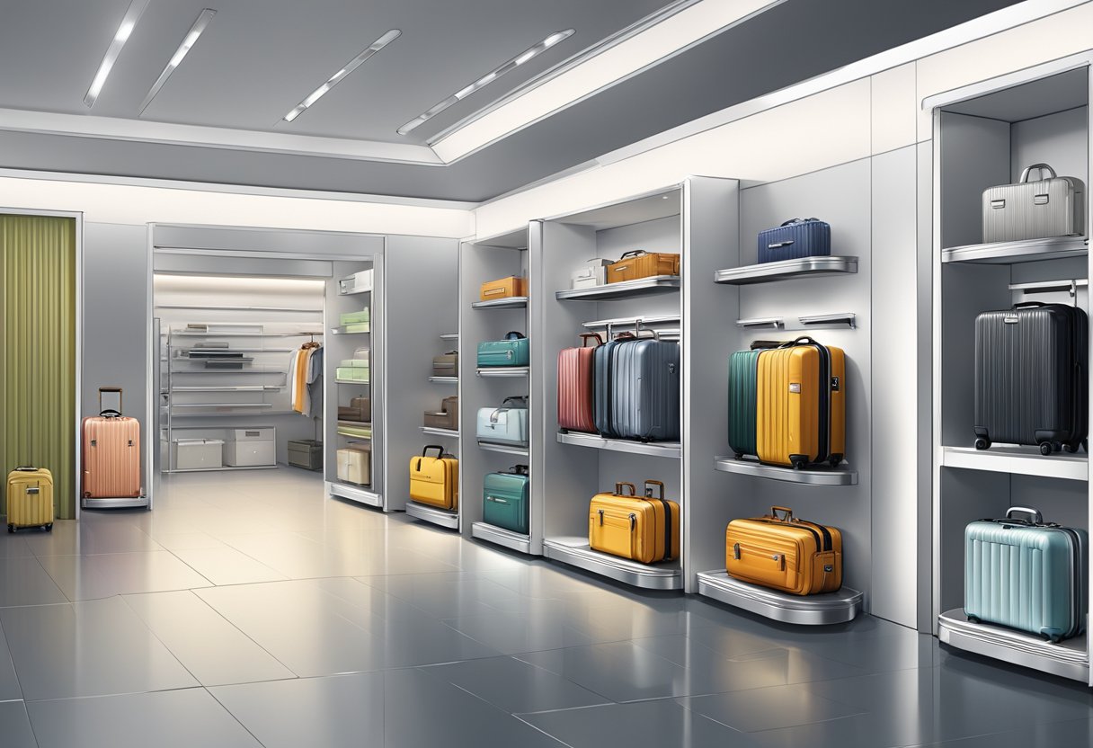 A sleek, modern store interior with Rimowa suitcases displayed on clean, minimalist shelves. Bright lighting highlights the metallic finishes and iconic grooved design