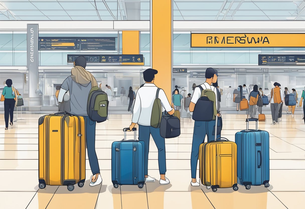 A stack of Rimowa suitcases with a "Frequently Asked Questions" sign in a bustling Singapore airport