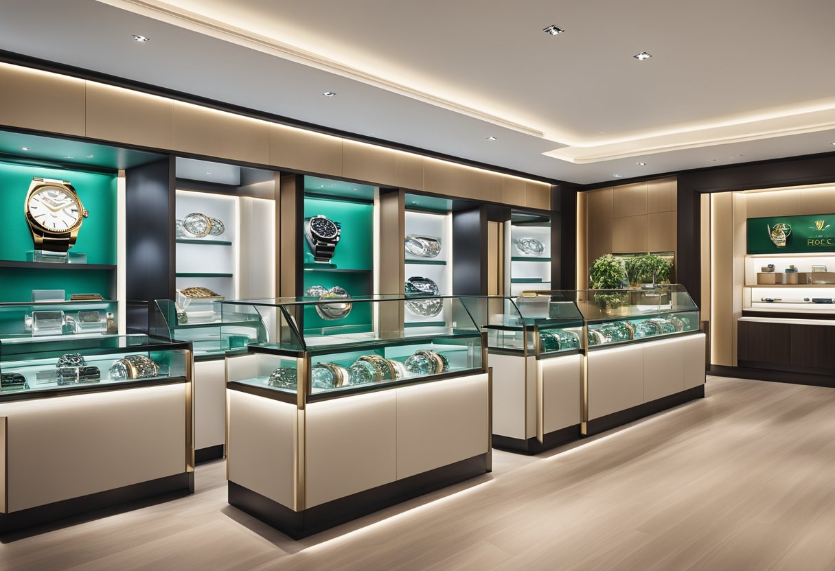 A luxurious Rolex watch displayed in a sleek, modern Singapore showroom