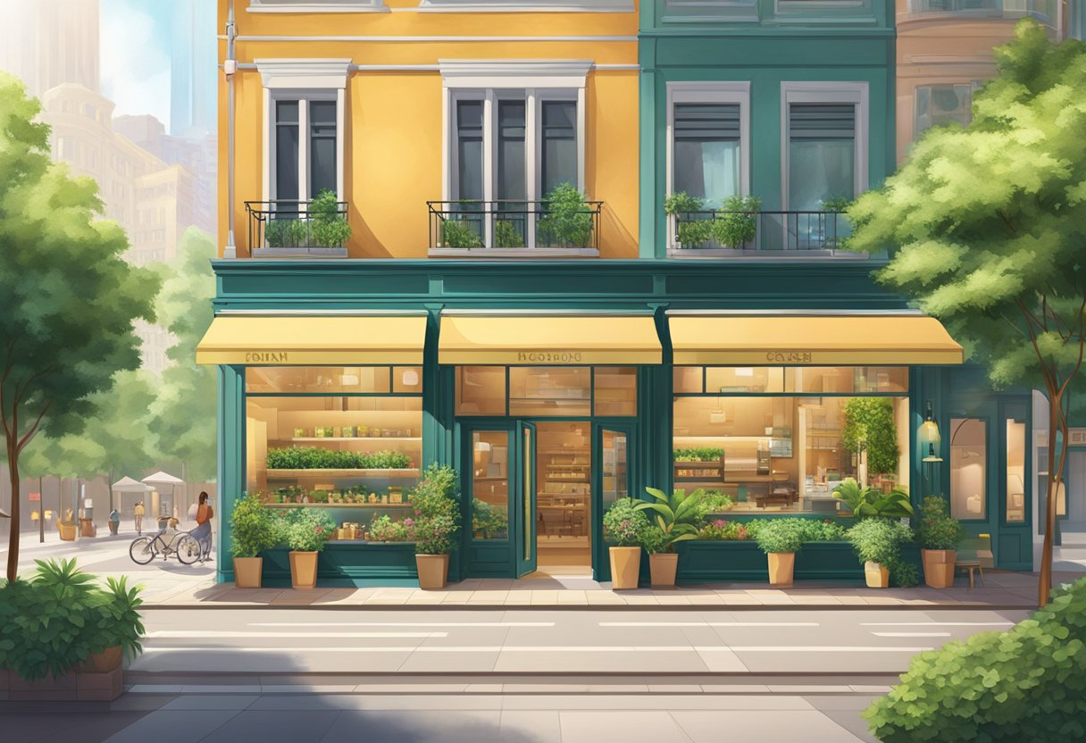 A sunny outdoor scene with a modern storefront, surrounded by lush greenery and a bustling city backdrop
