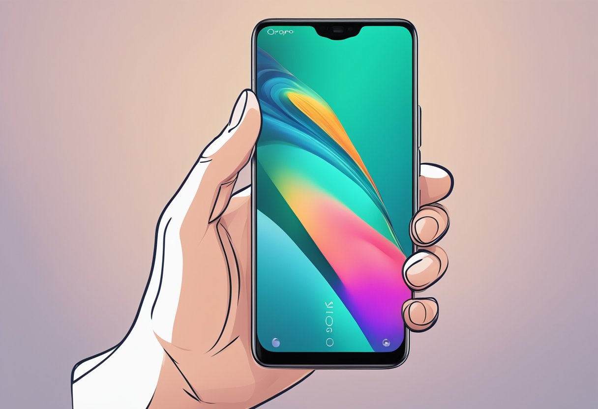 A hand holding an Oppo smartphone, with a clear and vibrant display, sleek design, and intuitive user interface for a seamless and enjoyable experience
