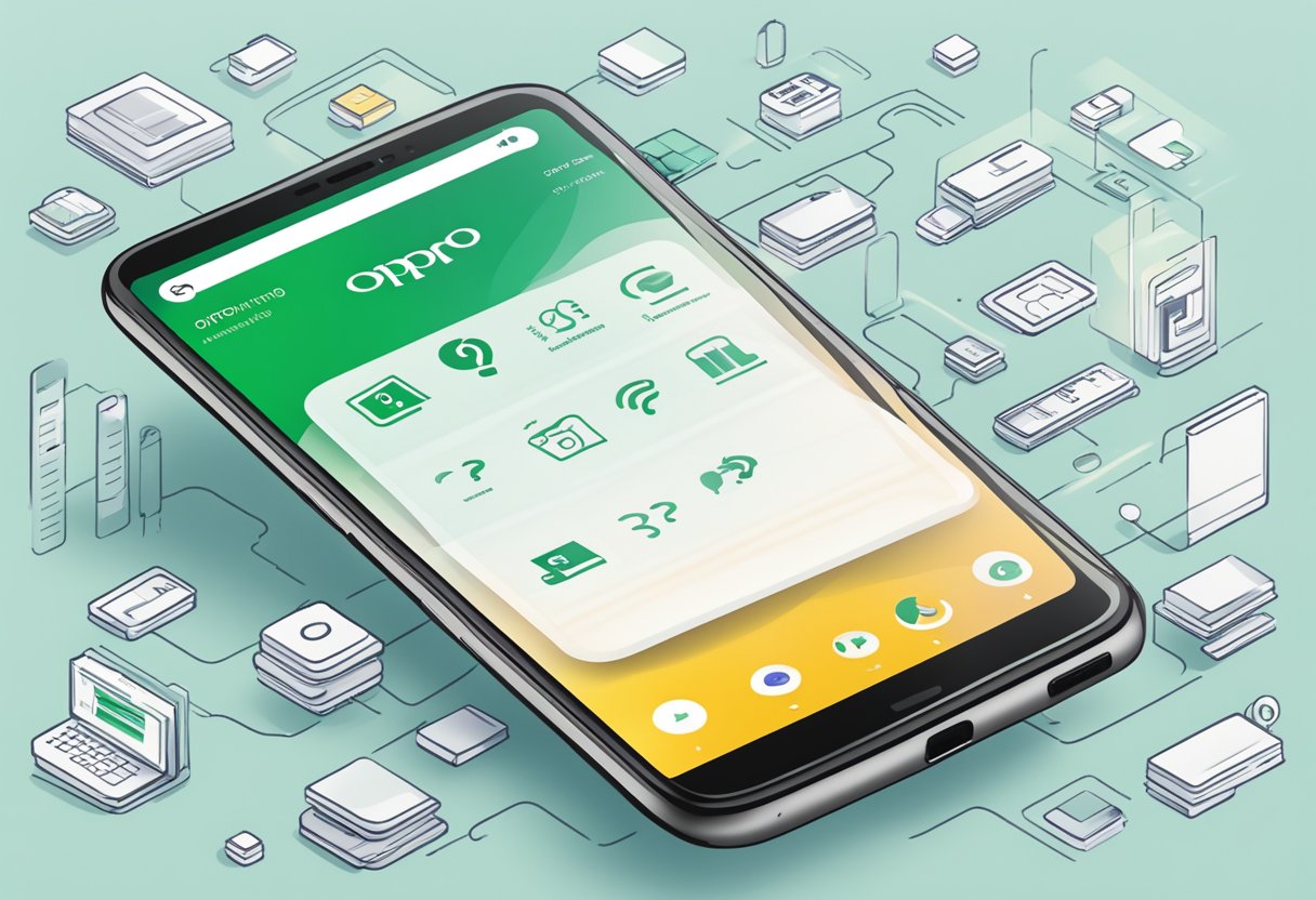 A smartphone with the Oppo logo displayed, surrounded by question marks and a list of frequently asked questions