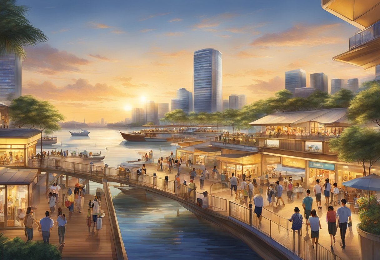 VivoCity's harbor walk bustles with activity: boats bobbing, people strolling, and cityscape views. The sun sets, casting a warm glow over the bustling scene