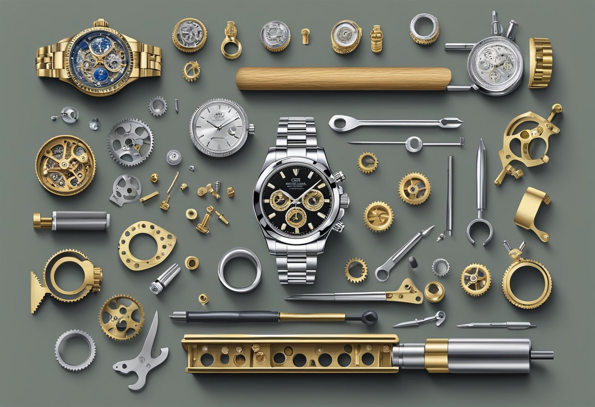 A pristine workbench displays intricate watch parts and tools, showcasing the precision and artistry of Rolex craftsmanship