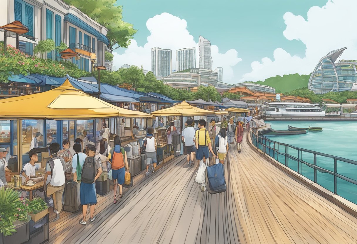A bustling harbourfront walk with shops, restaurants, and a view of the water leading to Sentosa Island in Singapore