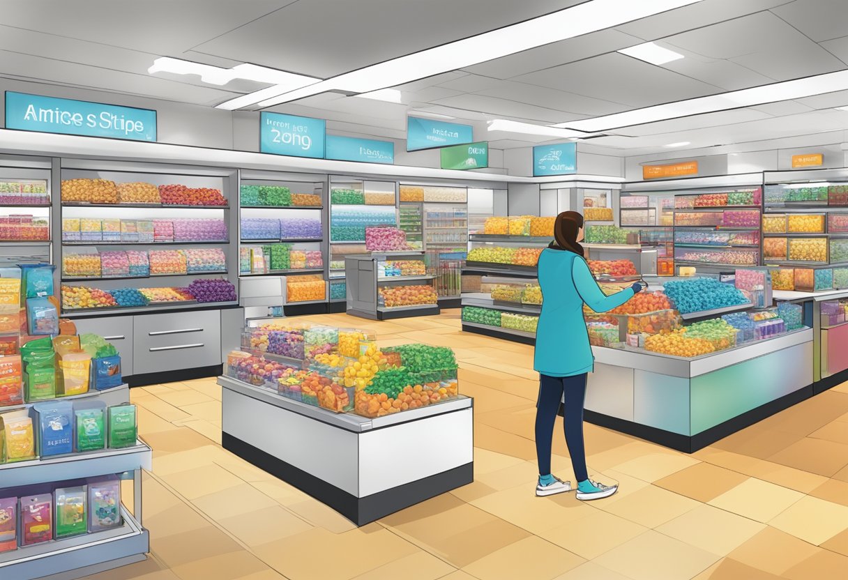 Brightly lit store with colorful displays, interactive demos, and engaging staff. Customers are drawn to promotional items and eagerly participate in hands-on activities