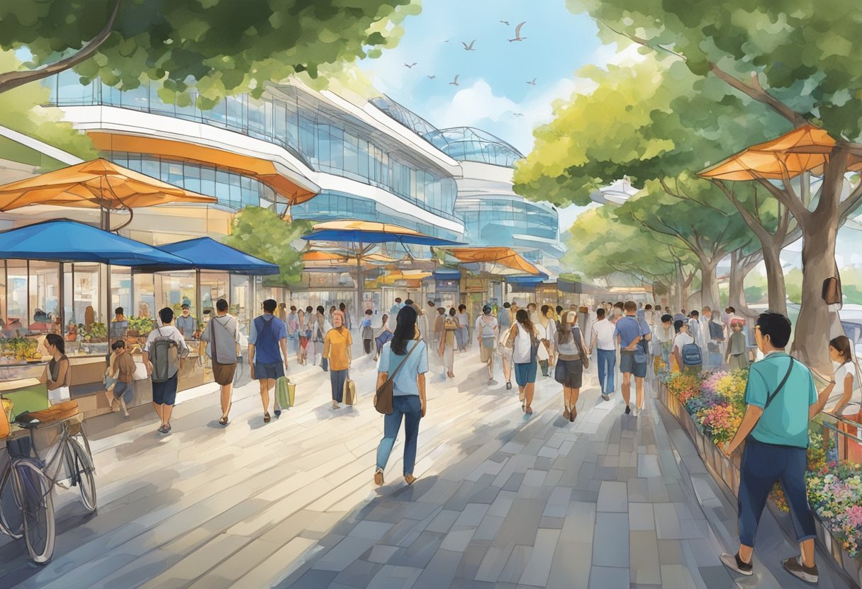 The bustling harbourfront walk at VivoCity, Singapore, with visitors strolling, taking in the waterfront views, and exploring the shops and dining options