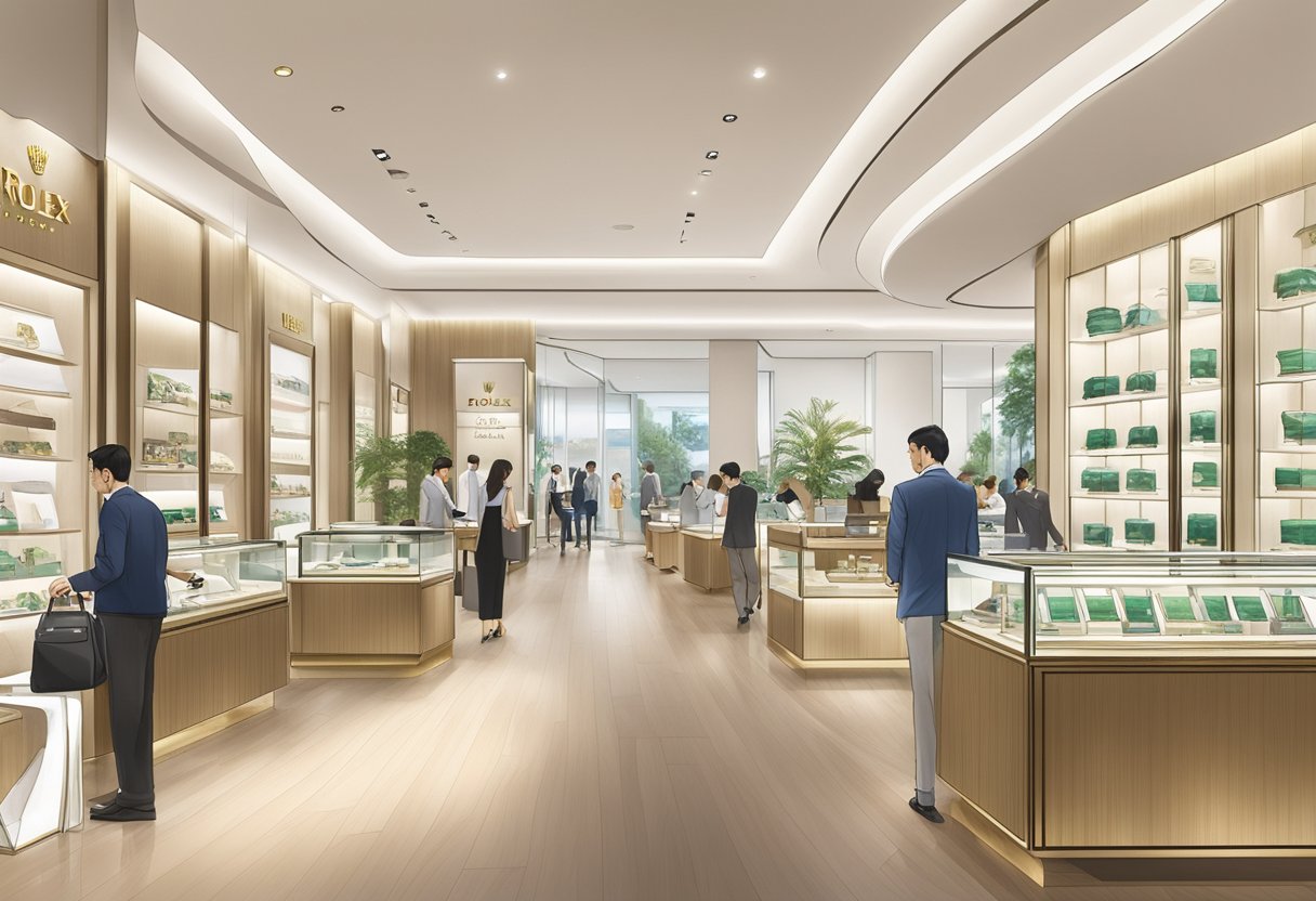 A sleek and modern Rolex store in Singapore, with a prominent FAQ section and customers browsing luxury timepieces