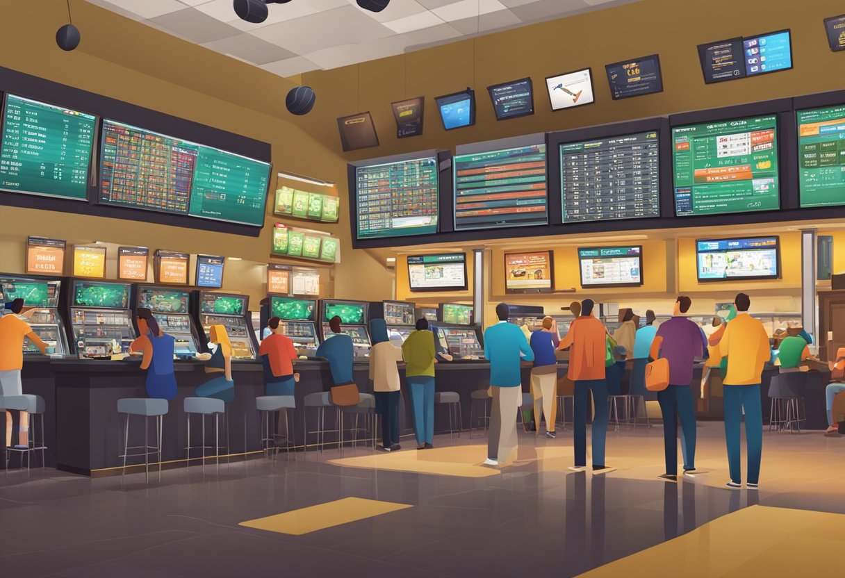 A bustling sports betting outlet with digital screens, ticket counters, and a lively atmosphere