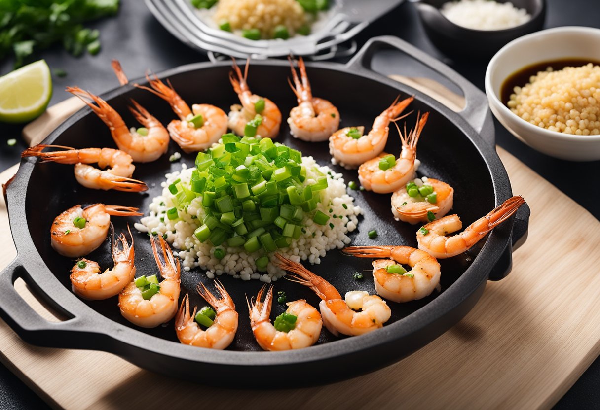 Fresh prawns coated in wasabi and soy sauce, sizzling on a hot grill. Green onions and sesame seeds sprinkled on top