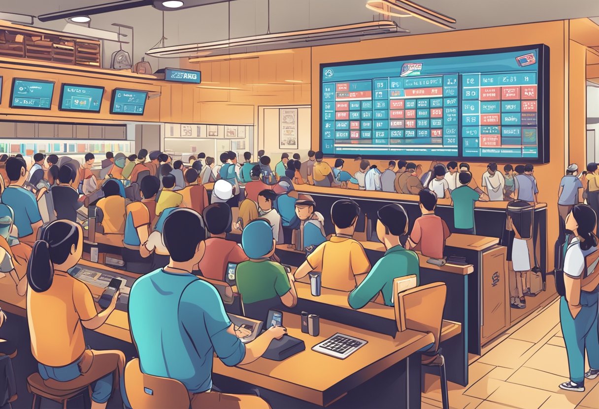 A crowded sports bar with people cheering, watching screens displaying various sports events, and filling out betting slips at the Singapore Pools counter