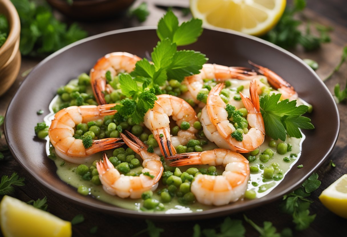 Prawns are being marinated in wasabi sauce, then grilled until golden brown. A garnish of fresh herbs and a squeeze of lemon adds a finishing touch