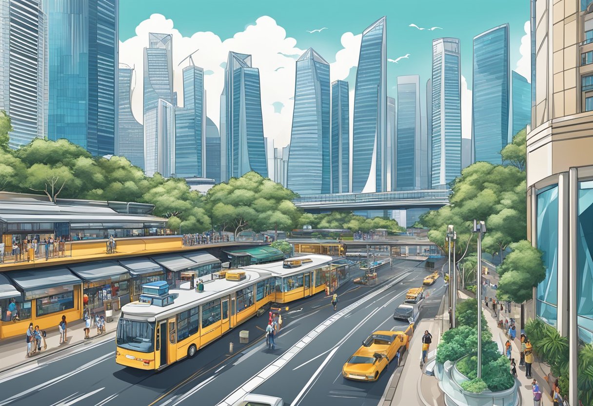A bustling cityscape of modern skyscrapers and bustling streets, with iconic landmarks like the Marina Bay Sands and the Singapore Flyer
