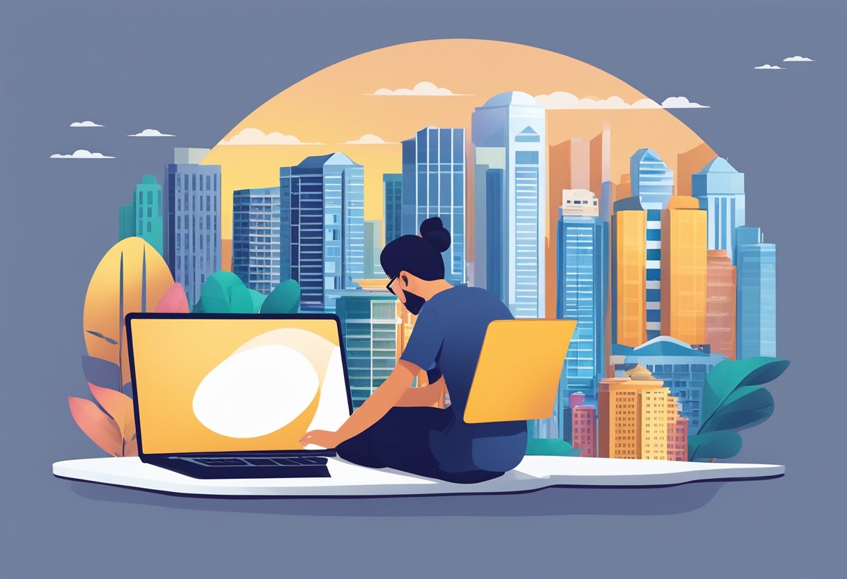 A person using a laptop to book a hotel in Singapore, with the iconic skyline in the background