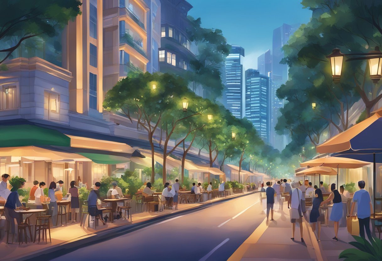 A bustling Singapore street lined with modern hotels, surrounded by lush greenery and vibrant city lights