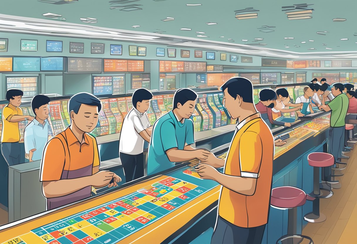 Customers placing bets at Singapore Pools sports counter, while staff manage accounts