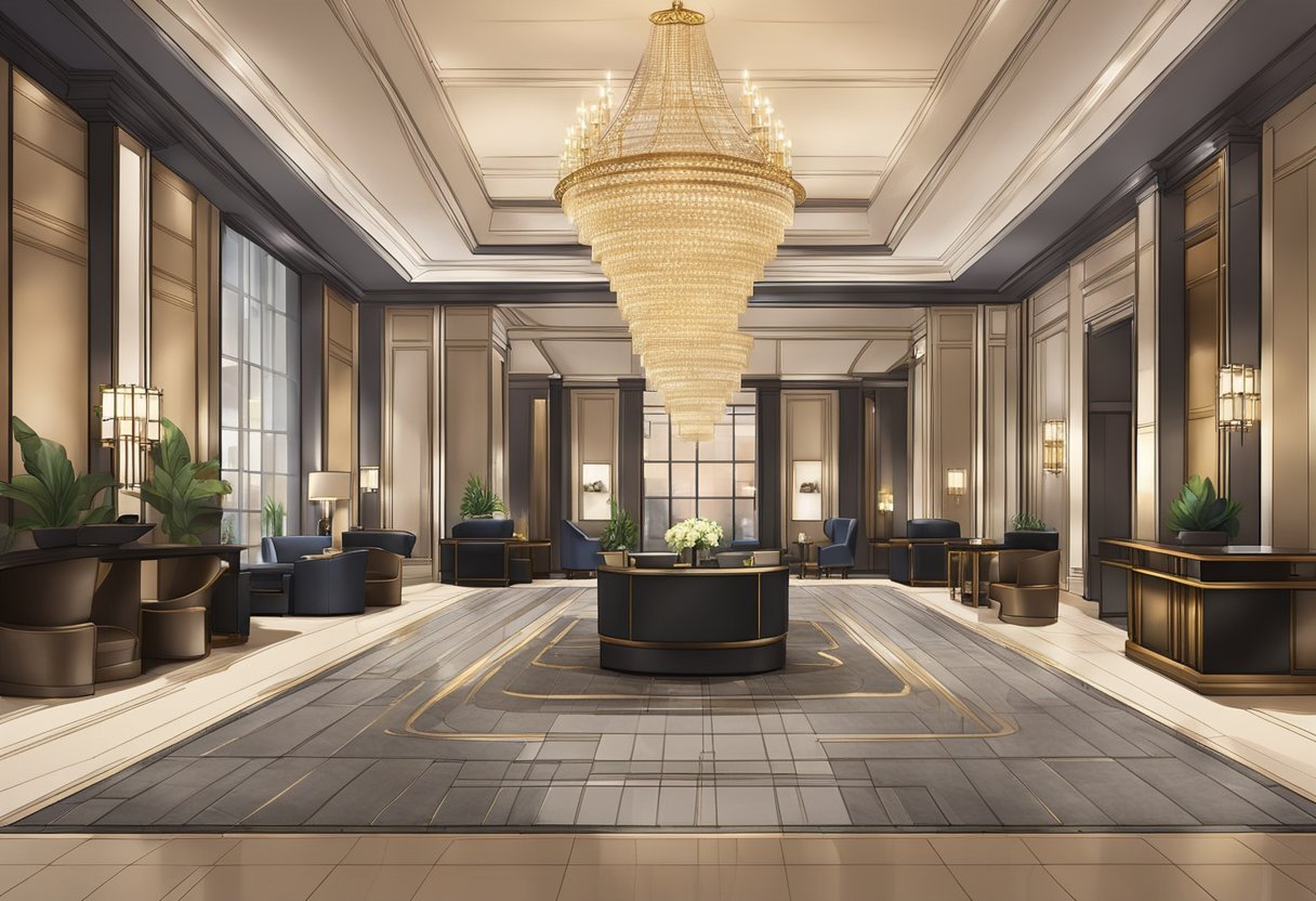 A luxurious hotel lobby with modern decor, plush seating, and a grand chandelier. A concierge desk and a stylish bar area add to the upscale ambiance