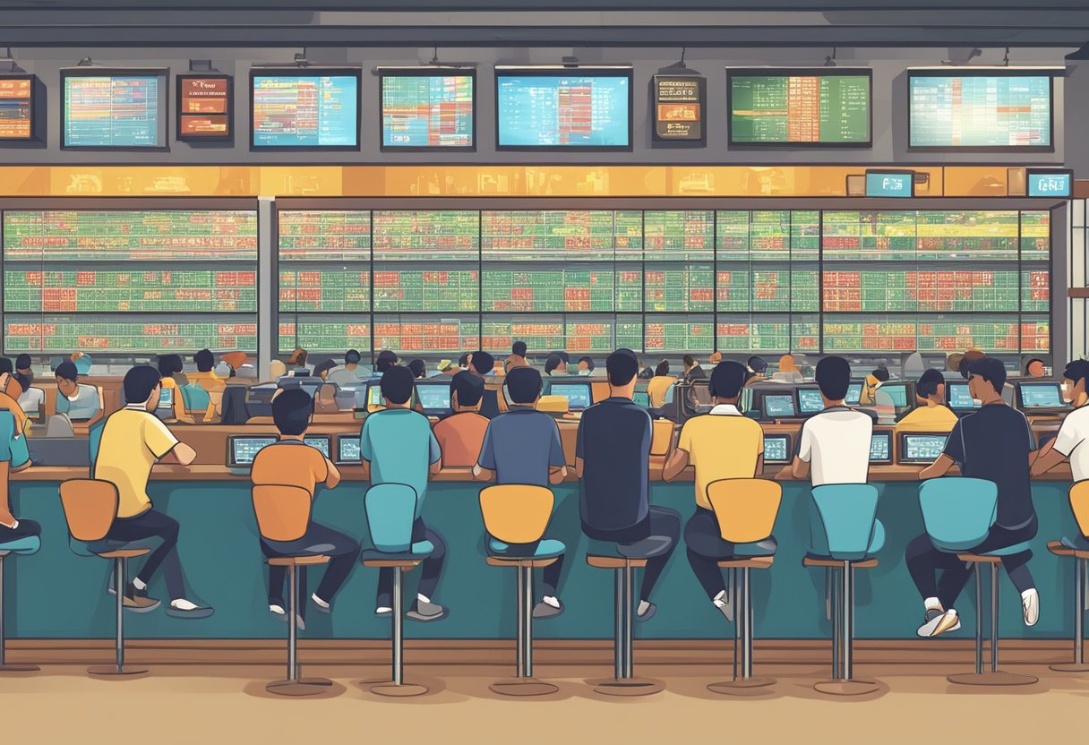 A crowded sports betting counter with a sign reading "Frequently Asked Questions" at Singapore Pools