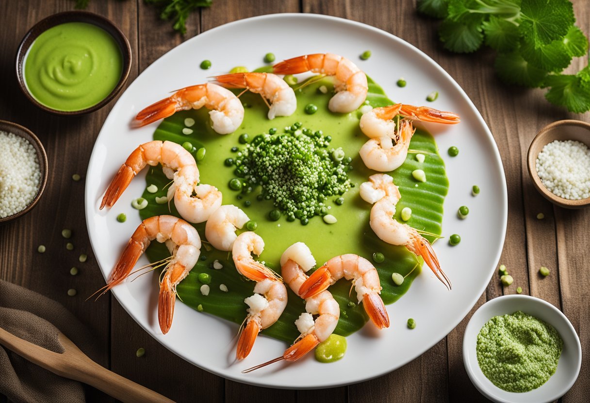 A plate of prawns drizzled with wasabi mayo sauce, garnished with fresh green wasabi, and sprinkled with sesame seeds