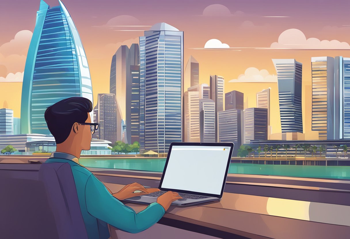 A person using a laptop to book a hotel in Singapore, with the city skyline in the background