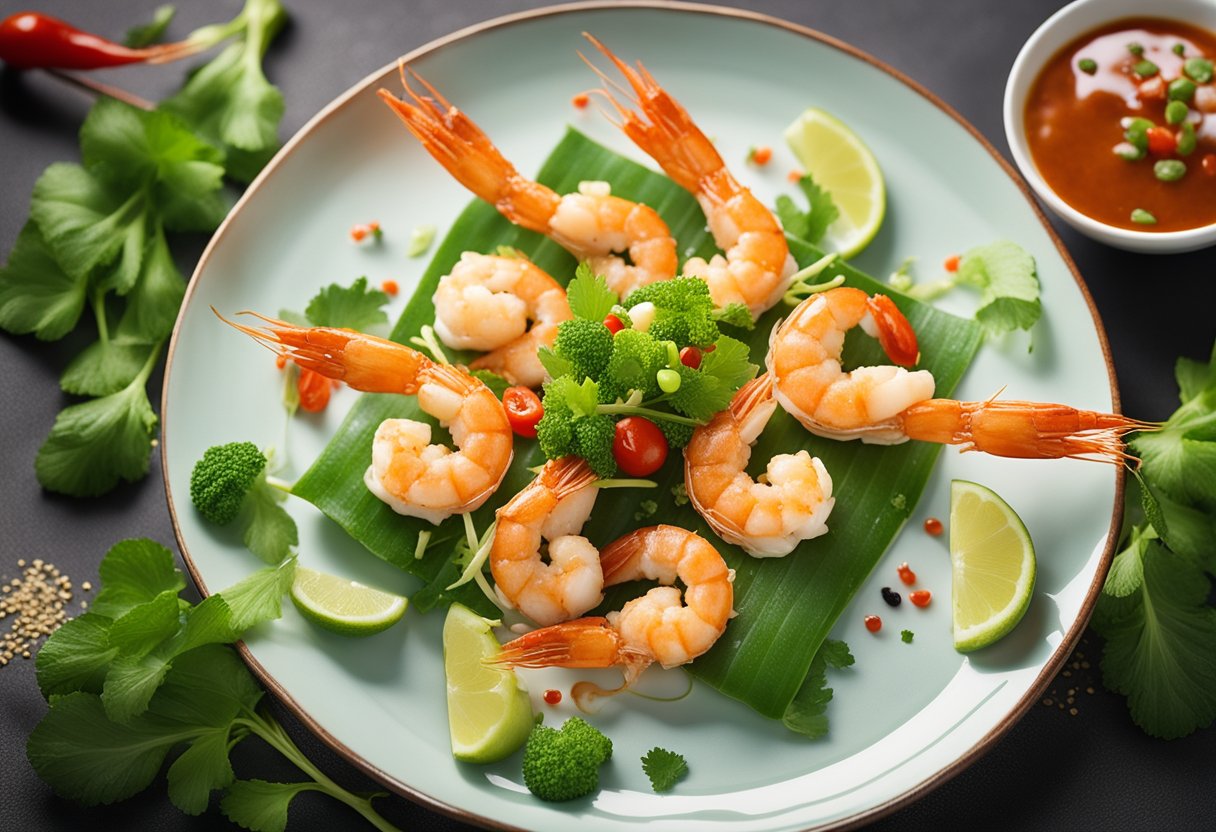 A plate of sizzling wasabi prawns, surrounded by a vibrant array of fresh ingredients and a drizzle of spicy sauce
