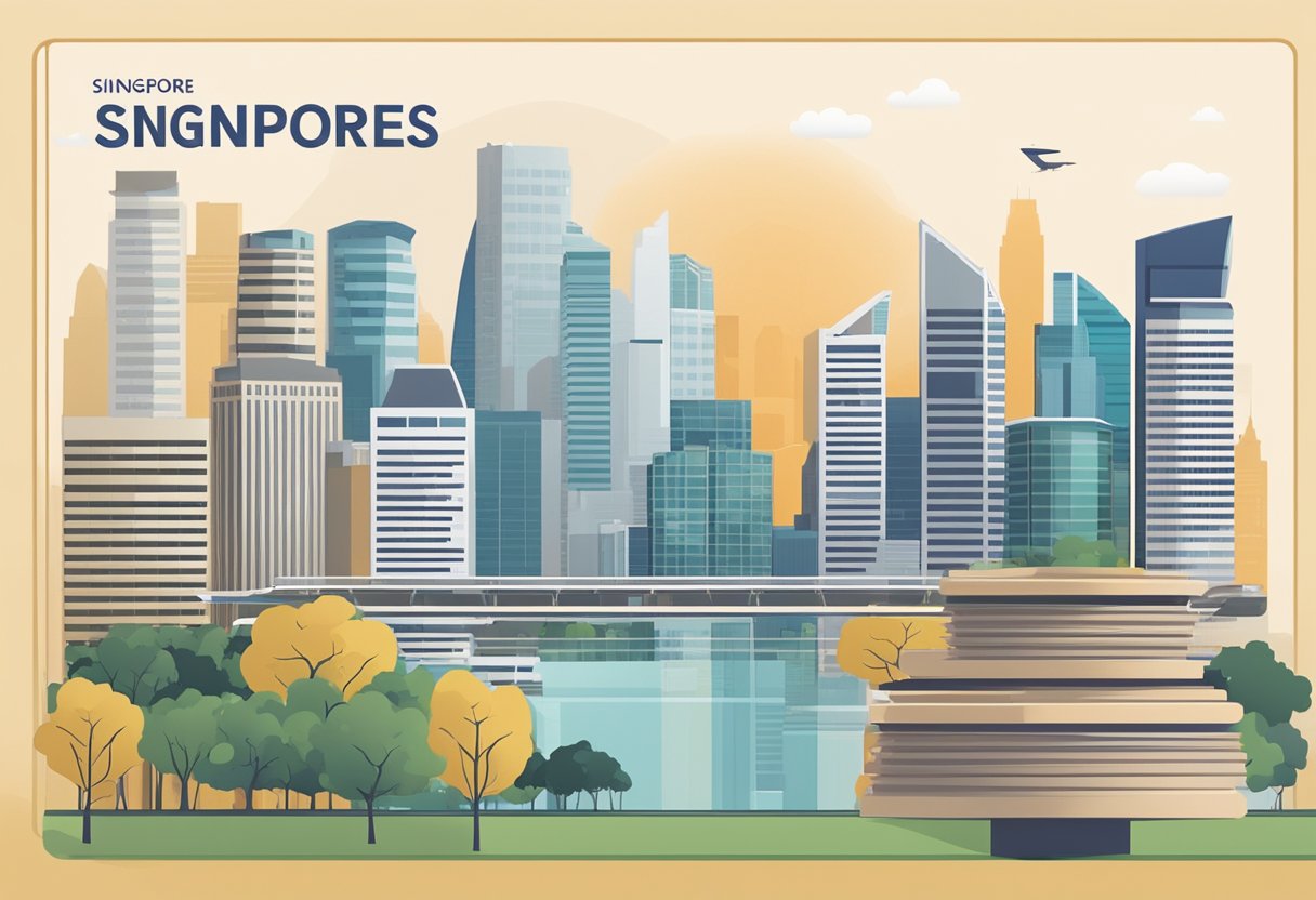 A stack of Singapore Savings Bonds with the Singapore skyline in the background, showcasing the financial security and stability of the investment