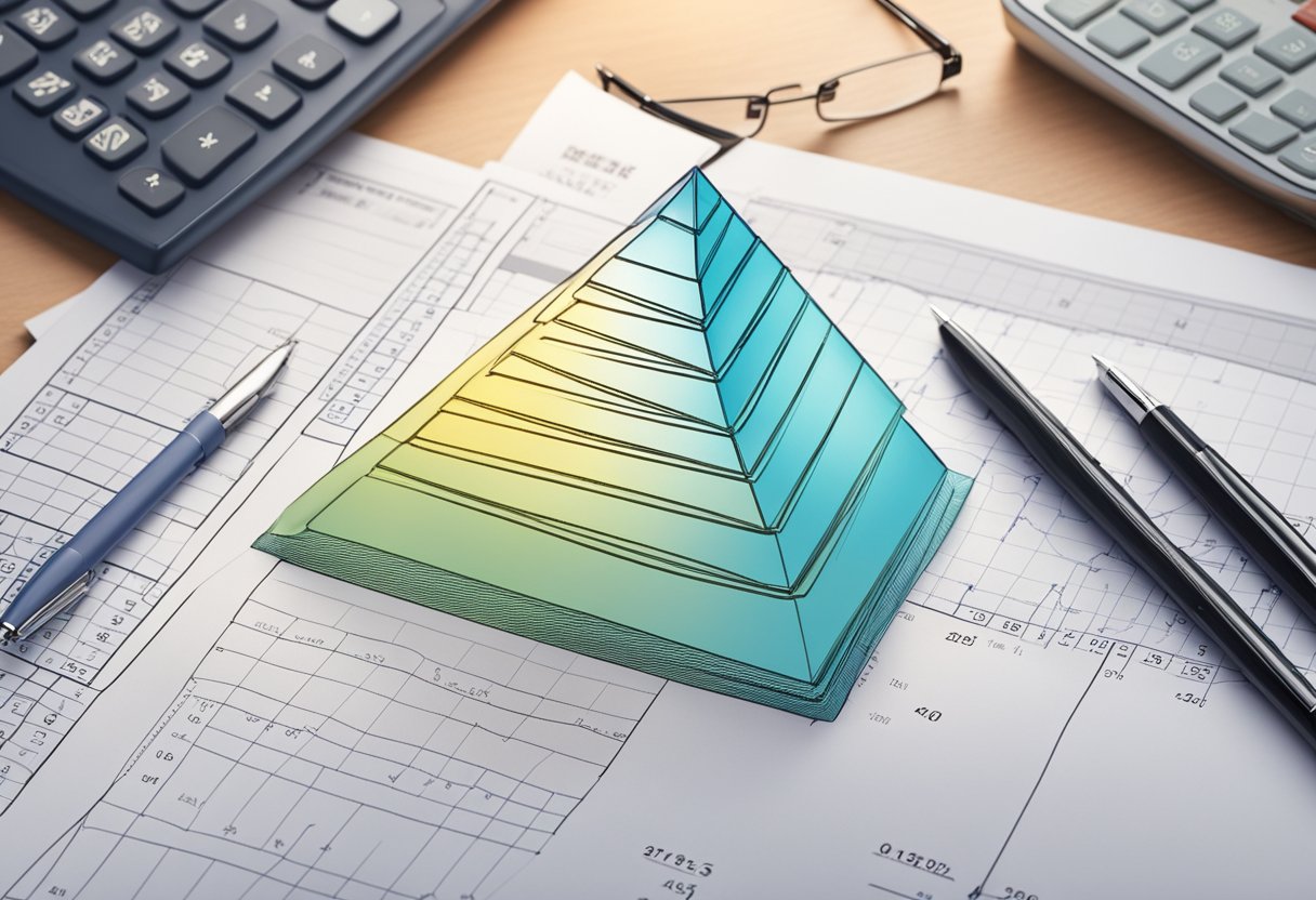 A stack of Singapore Savings Bonds forms a pyramid on a desk, with a calculator and pen nearby. A graph shows steady growth in the background